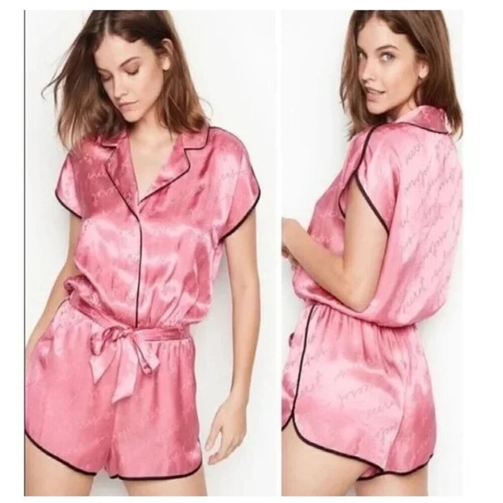 New Victoria’s Secret Satin Logo‎ Romper Pink/Black Size L